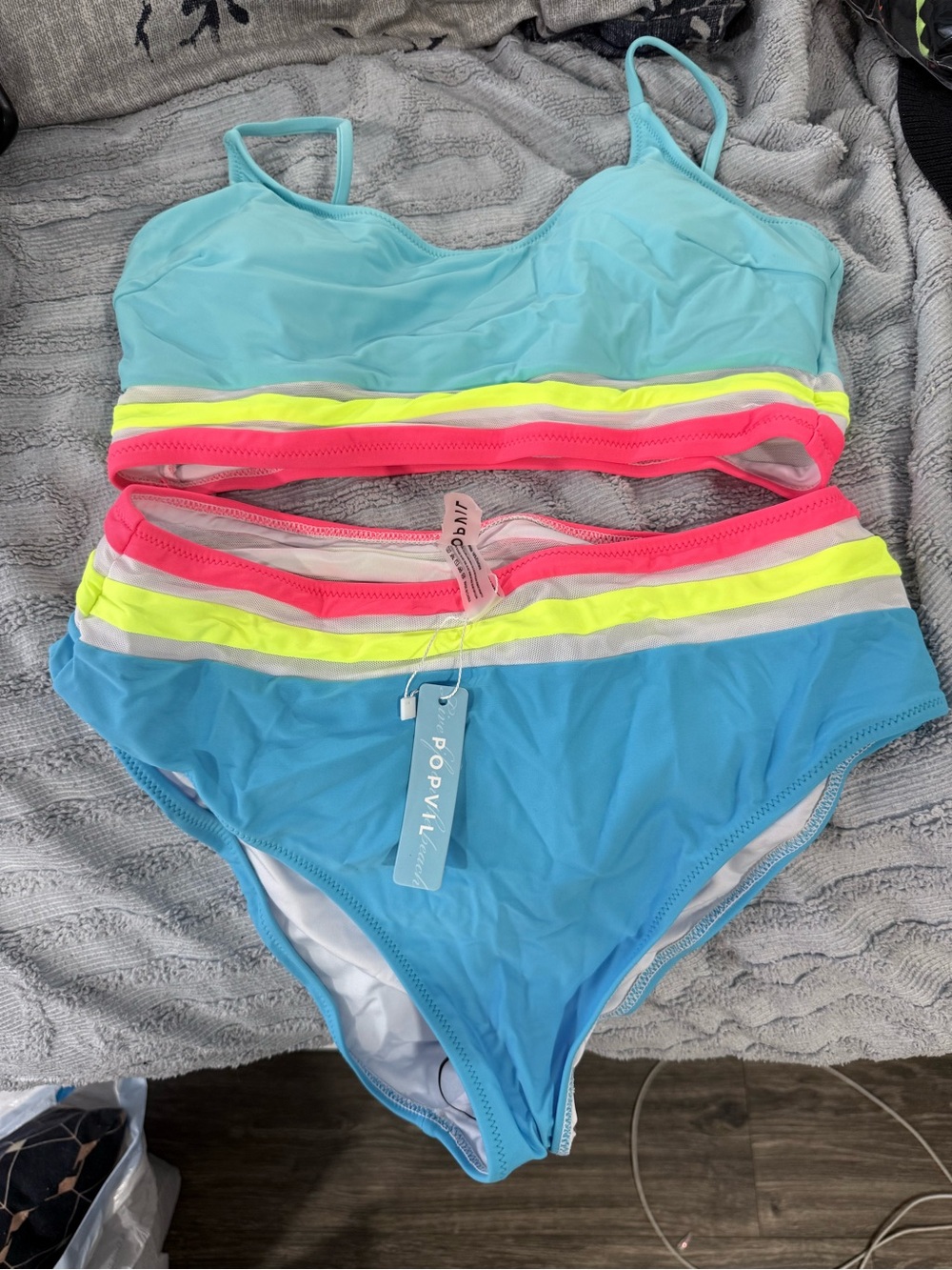 POP VIV Two-Piece Light Blue Bikini with Neon Pink & Neon Yellow Stripes